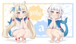2girls a_(phrase) absurdres ameneko_kuro animal_costume animal_ears barefoot blonde_hair blue_eyes blue_hair blue_hoodie blush breasts cat_ears closed_mouth dress feet fins fish_girl fish_tail gawr_gura gawr_gura_(1st_costume) hair_ornament highres hololive hololive_english hood hoodie indie_virtual_youtuber loli long_hair looking_at_viewer low_twintails medium_hair multicolored_hair multiple_girls one_side_up sameko_saba shark_costume shark_girl shark_hair_ornament shark_tail sleeveless sleeveless_dress small_breasts smile streaked_hair tail twintails two_side_up very_long_hair virtual_youtuber voice_actor_connection white_dress white_hair