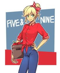1girl apple applejack applejack_(equestria_girls) belt blonde_hair blue_pants box buttons closed_mouth collared_shirt commentary contrapposto cowboy_shot dcon_34 denim english_text folded_ponytail food fruit green_eyes hairband hand_on_own_hip highres holding holding_box jeans long_hair long_sleeves my_little_pony my_little_pony:_equestria_girls my_little_pony:_friendship_is_magic pants parted_bangs polka_dot_hairband red_belt red_hairband red_shirt shirt sideways_glance sleeves_rolled_up smile solo standing tied_shirt