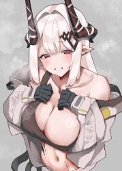 1girl absurdres arknights black_gloves breasts cleavage collarbone commentary_request crop_top demon_girl demon_horns ear_piercing gloves grey_background grey_jacket highres horns jacket large_breasts long_hair looking_at_viewer material_growth mudrock_(arknights) navel oripathy_lesion_(arknights) petraruruka piercing pointy_ears red_eyes simple_background solo stomach white_hair