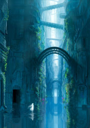 1girl absurdres arch building city cityscape denki dress female_focus highres making-of_available original overgrown plant reflection ripples scenery solo wading walking walking_on_liquid water