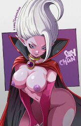 1girl absurdres artist_name black_cape breasts cape closed_mouth colored_nipples colored_skin commentary cowboy_shot detached_sleeves dr._arinsu dragon_ball dragon_ball_daima english_commentary highres large_breasts leaning_forward long_hair mixed-language_commentary naked_cape navel nipples pink_skin pink_sleeves pointy_ears purple_background purple_eyes purple_lips purple_nipples red_cape seductive_smile smile solo soyiamchan twitter_username two-sided_cape two-sided_fabric two-tone_background white_background white_hair