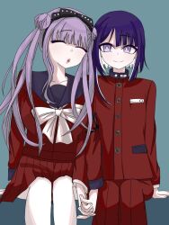 black_bow blue_background bow brother_and_sister closed_mouth collarbone drooling fingernails hair_bow holding_hands open_mouth pink_eyes pink_hair purple_hair siblings sitting sleeping smile the_hundred_line_-last_defense_academy- tsukumo_ima tsukumo_kako twins