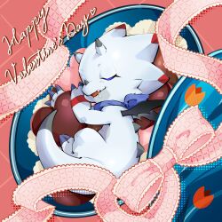 candy chocolate chocolate_heart closed_eyes digimon digimon_(creature) digimon_ghost_game english_text food full_body gammamon happy_valentine heart heart-shaped_food highres horns isei0212 saliva sleeping solo valentine white_scales