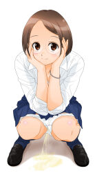 1girl black_shoes blue_skirt blue_socks blush bracelet brown_eyes brown_hair collarbone dedenden_(pixiv30568724) glasses head_rest highres jewelry looking_at_viewer original panties panty_pull pee_stain peeing puddle school_uniform shirt shoes short_hair skirt sleeves_rolled_up smile socks squatting stained_panties underwear white_background white_panties white_shirt
