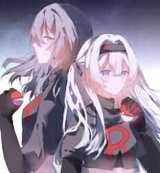 2girls black_hairband black_ribbon black_sleeves blue_pupils crop_top firefly_(honkai:_star_rail) gradient_eyes grey_shirt hair_ribbon hairband highres holding holding_poke_ball honkai:_star_rail honkai_(series) light_smile minutes_(minutes_draw) multicolored_eyes multiple_girls nintendo poke_ball pokemon pokemon_(anime) pokemon_bw_(anime) ribbon shirt stelle_(honkai:_star_rail) team_rocket team_rocket_uniform trailblazer_(honkai:_star_rail)