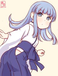 1girl alternate_costume artist_logo blue_eyes blue_hair blue_hakama blush cowboy_shot dated gradient_background hakama hakama_skirt hatsukaze_(kancolle) japanese_clothes kanon_(kurogane_knights) kantai_collection kimono logo long_hair long_sleeves looking_at_viewer miko one-hour_drawing_challenge ribbon-trimmed_sleeves ribbon_trim skirt smile solo wide_sleeves yellow_background