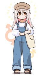 1girl bag black_sandals brown_eyes brown_hat c: colored_inner_hair commentary full_body genderswap genderswap_(mtf) grey_hair hat highres kugelschreiber long_hair long_sleeves looking_at_viewer male-female_symbol multicolored_hair no_socks onii-chan_wa_oshimai! overalls oyama_mahiro pink_hair sandals shirt simple_background smile solo standing straight-on two-tone_hair white_background white_shirt