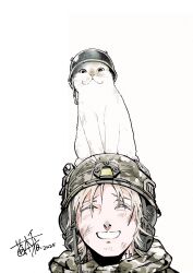 Rule 34 | 1boy, 2025, :3, animal, animal focus, animal on head, arm tattoo, army, artist name, battle scar, camouflage, cat, cat on head, clenched teeth, combat helmet, digital camouflage, dirty, dirty face, helmet, highres, kobayashi niki, looking at viewer, military, military combat uniform, military uniform, multiple scars, neck tattoo, on head, real life, russo-ukrainian war, scar, signature, simple background, sitting, smile, soldier, tattoo, teeth, ukraine, whiskers, white background, white cat