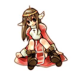 Rule 34 | 1girl, blush, boots, brown boots, brown eyes, brown hair, circlet, closed mouth, commentary request, dress, feathered wings, full body, head wings, high priest (ragnarok online), juliet sleeves, long hair, long sleeves, looking at viewer, puffy sleeves, ragnarok online, red dress, simple background, smile, solo, tama1120, two-tone dress, white background, white dress, white wings, wings