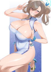 1girl absurdres alternate_costume alternate_hairstyle aqua_halo aqua_nails aqua_sandals aqua_scrunchie asuna_(blue_archive) bare_shoulders blue_archive blue_eyes blue_halo blue_ribbon blush breasts brown_hair china_dress chinese_clothes cleavage covered_navel double_bun dress eyes_visible_through_hair hair_bun hair_ornament hair_over_one_eye hair_ribbon halo hand_up highres huge_breasts kurozawa_yui long_hair nail_polish ribbon sandals scrunchie simple_background smile solo thighs wrist_scrunchie