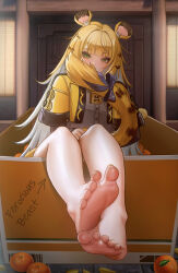 1girl absurdres animal_ear_fluff animal_ears bare_legs barefoot blonde_hair feet foot_focus gloves highres jacket ju_fufu legs long_hair looking_at_viewer multicolored_hair nail_polish puppnet shirt soles solo striped_fur striped_hair tail tiger_ears tiger_girl toenail_polish toenails toes zenless_zone_zero