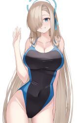 Rule 34 | 1girl, absurdres, asuna (blue archive), bare shoulders, beisaku bei, black one-piece swimsuit, blonde hair, blue archive, blue eyes, blue halo, blue one-piece swimsuit, breasts, cleavage, collarbone, covered navel, groin, hair over one eye, hair ribbon, halo, highleg, highleg one-piece swimsuit, highres, large breasts, long hair, looking at viewer, mole, mole on breast, one-piece swimsuit, ribbon, smile, solo, swimsuit, thighs, two-tone swimsuit, very long hair, waving arms