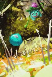absurdres berry_(pokemon) cacturne colored_skin fangs food forest fruit gen_1_pokemon gen_3_pokemon green_hat green_skin hat highres ivysaur klemt_mandra nature nintendo open_mouth oran_berry plant plant_monster pokemon pokemon_(creature) pokemon_focus red_eyes tendril tendrils_from_back throwing throwing_food vines