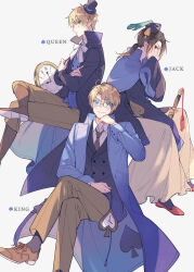 3boys ahoge america_(hetalia) axis_powers_hetalia black-framed_eyewear black_coat black_hair black_hat black_jacket black_shirt black_socks blonde_hair blue_cape blue_coat blue_eyes blue_hat blue_jacket blush boots bow bowtie brown_boots brown_eyes brown_pants brown_shoes buttons cape chain changpao china_(hetalia) chinese_clothes clock closed_mouth coat collared_shirt commentary_request covering_own_mouth crossed_legs english_text formal_clothes from_side full_body glasses green_eyes grey_necktie hair_between_eyes hand_on_own_face hand_up hat hat_feather hat_ornament highres jacket lapels long_hair long_sleeves looking_at_viewer low_ponytail male_focus mini_hat multiple_boys necktie noeru_(putty) open_clothes open_coat pants pocket_watch ponytail red_shoes semi-rimless_eyewear shirt shoes short_hair sidelocks simple_background sitting smile socks suit suit_jacket sword tassel top_hat united_kingdom_(hetalia) watch weapon white_background white_bow white_bowtie white_pants white_shirt wide_sleeves wuxia