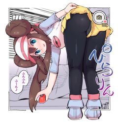 1girl aqua_eyes ass battery_indicator bent_over black_pantyhose bright_pupils brown_hair commentary_request double_bun from_behind full_body hair_bun highres holding holding_poke_ball kutabireta_neko long_hair looking_at_viewer looking_back nintendo pantyhose pink_socks poke_ball poke_ball_(basic) pokemon pokemon_bw2 raglan_sleeves recording rosa_(pokemon) shirt shoes shorts shorts_lift socks solo speech_bubble three-quarter_sleeves tongue tongue_out translation_request twintails viewfinder visor_cap white_pupils yellow_shorts