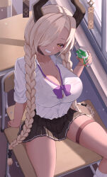 1girl azur_lane black_choker blonde_hair braid breasts choker classroom collarbone commentary dark-skinned_female dark_skin desk grin gyaru hair_over_one_eye highres holding_juice_box horns juice_box large_breasts long_hair miniskirt mole mole_under_mouth on_desk owari_(azur_lane) rizzy school_desk school_uniform shirt sitting skirt smile solo thigh_strap thighs twin_braids very_long_hair white_shirt yellow_eyes