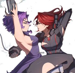 Rule 34 | 2girls, armpits, black widow, boku no hero academia, breasts, dress, lady nagant, large breasts, marvel, marvel rivals, medium hair, multicolored hair, multiple girls, natasha romanoff, pantyhose, pink hair, prosthetic weapon, purple eyes, purple hair, short hair, sleeveless, sleeveless turtleneck dress, streaked hair, torn clothes, torn pantyhose, turtleneck, two-tone hair, wokiiarts