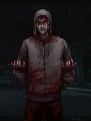 1boy black_gloves black_hair blood blood_from_forehead blood_on_clothes blood_on_face claw_pose cry_of_fear dark fingerless_gloves frustrated gloves grey_hoodie hands_up highres hood hood_up hoodie male_focus night open_mouth road short_hair simon_henriksson softlight18 solo standing street upper_body