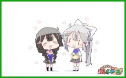 Rule 34 | 2girls, :d, black shoes, black socks, blush stickers, border, bow, cardigan vest, chibi, closed eyes, collared shirt, green border, grey hair, hair bow, hair ornament, hairclip, higuchi kaede, higuchi kaede (3rd costume), long hair, multiple girls, nijisanji, open mouth, pink bow, ponytail, purple bow, rebecca (keinelove), school uniform, shadow, shirt, shoes, simple background, smile, socks, standing, sweater vest, translation request, tsukino mito, tsukino mito (summer uniform), v-shaped eyebrows, very long hair, virtual youtuber, white background, white bow, white shirt, white socks, | |
