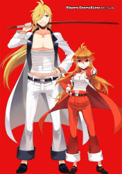 Rule 34 | 10s, 1boy, 1girl, 2011, ahoge, banchou, belt, blonde hair, blue eyes, bokken, character name, coat, dated, delinquent, earrings, full body, gourry gabriev, grin, hair over one eye, hand on own hip, height difference, hip focus, impossible clothes, jewelry, lina inverse, long hair, lyxu, no socks, orange hair, pants, red background, red eyes, sarashi, shoes, simple background, size difference, slayers, smile, sword, weapon, wooden sword
