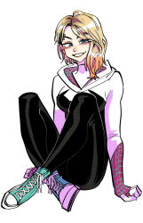Rule 34 | 1girl, blonde hair, blue eyes, bodysuit, breasts, eyebrow piercing, face piercing, gradient eyes, grin, gwen stacy, highres, hood, hood down, hooded bodysuit, looking at viewer, margare, marvel, medium breasts, medium hair, multicolored eyes, multicolored hair, piercing, shoes, simple background, sitting, smile, sneakers, solo, spider-man: into the spider-verse, spider-man (series), spider-verse, white background