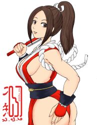 1girl ass breasts brown_eyes brown_hair fan fatal_fury fingerless_gloves gloves hand_on_own_ass highres huge_ass large_breasts legs leotard long_hair looking_at_viewer parted_lips pink_lips ponytail shihu_zou shiranui_mai sideboob smile snk solo the_king_of_fighters thick_thighs thighs thong_leotard