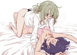 2girls ane_moire araga_kiwi bare_arms barefoot black_eyes black_panties blush bra breasts breath collarbone collared_shirt commentary_request downblouse green_hair hanging_breasts highres hiiragi_utena long_sleeves looking_at_another mahou_shoujo_ni_akogarete multiple_girls no_bra open_mouth paid_reward_available panties pink_bra pink_panties purple_hair shirt short_twintails straddling twintails underwear white_shirt yellow_eyes yuri
