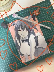 Rule 34 | all fours, animal ears, art tools in frame, black leotard, demon girl, detached collar, fake animal ears, greyscale with colored background, high heels, highres, koakuma, leotard, long hair, orange background, playboy bunny, pointy ears, rabbit ears, rabbit tail, red eyes, smile, spot color, strapless, strapless leotard, tail, thighhighs, touhou, traditional media, tumugihikari, wrist cuffs