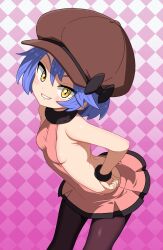 1girl backless_dress backless_outfit bow breasts checkered_background cowboy_shot dress from_above grin hand_on_own_hip hat hat_bow highres looking_at_viewer mori_hayaki nadya_(pokemon) newsboy_cap nintendo pantyhose pink_dress pokemon pokemon_duel purple_hair short_dress short_hair sideboob sleeveless sleeveless_dress small_breasts smile teeth wristband yellow_eyes