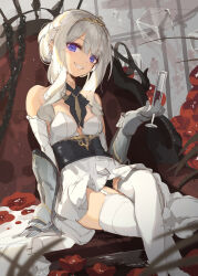 1girl ascot asicah asta_(asicah) bare_shoulders black_ascot blue_eyes breasts champagne_flute corset crossed_legs cup dated dress drinking_glass elbow_gloves feet_out_of_frame gauntlets gloves grey_hair grin highres holding holding_cup ice ice_cube looking_at_viewer medium_hair original sidelocks sitting sketch small_breasts smile solo strapless strapless_dress tiara white_background white_dress white_gloves