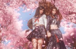 2girls 3d aerith_gainsborough aerith_gainsborough_(midgard_seventh_high_school) against_tree black_sailor_collar cherry_blossoms chest_tattoo final_fantasy final_fantasy_vii final_fantasy_vii_ever_crisis highres long_hair long_skirt low-tied_long_hair mask mask_pull mouth_mask multiple_girls pleated_skirt ria_(baka-neearts) sailor_collar school_uniform serafuku skirt tattoo tifa_lockhart tifa_lockhart_(midgard_seventh_high_school) tree yuri