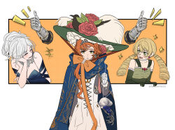 Rule 34 | +++, 1boy, 3girls, :d, ^ ^, a knight (reverse:1999), armor, bag, bare shoulders, blonde hair, blue cape, blue dress, bow, bracelet, breasts, cape, checkered hairband, chin strap, cleavage, closed eyes, dress, drill hair, elbow gloves, elbow rest, eternity (reverse:1999), facing another, flower, gauntlets, gloves, green dress, green eyes, green gloves, green hat, grey sleeves, hairband, hand on own arm, hand on own cheek, hand on own face, hand up, handbag, hat, hat feather, hat flower, head rest, headwear switch, highres, holding, holding bag, humpnie, invisible, jewelry, long hair, long sleeves, looking at another, looking at viewer, low twintails, medium breasts, multiple girls, notice lines, open mouth, orange background, orange bow, orange hair, ornate armor, parted lips, ponytail, red flower, reverse:1999, sleeveless, sleeveless dress, smile, sonetto (reverse:1999), sparkle, straight-on, strapless, strapless dress, sun hat, sweat, thumbs up, twin drills, twintails, twitter username, two-tone background, white background, white dress, white gloves, white hair