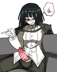 1girl beniyarou black_hair bob_cut breasts censored cigarette coat collared_shirt commentary_request erection fellatio futanari grin highres jacket jacket_on_shoulders limbus_company long_sleeves oral pants penis project_moon red_eyes ryoshu_(project_moon) shirt short_hair simple_background sitting small_breasts smile solo speech_bubble teeth white_shirt