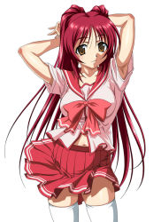 Rule 34 | 1girl, :3, anime coloring, aquaplus, arm behind head, armpits, arms behind head, arms up, breasts, brown eyes, cowboy shot, female focus, kousaka tamaki, kouzaka kouhei, large breasts, long hair, looking at viewer, navel, pleated skirt, red hair, school uniform, serafuku, short sleeves, simple background, skirt, smile, solo, standing, thighhighs, to heart (series), to heart 2, white background, white thighhighs, wind, wind lift