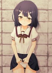 Rule 34 | 1girl, black hair, black skirt, blush, brick wall, center-flap bangs, closed mouth, clothes lift, collarbone, collared shirt, commentary request, cowboy shot, crotch seam, double-parted bangs, embarrassed, fate/kaleid liner prisma illya, fate (series), hair ornament, hairclip, highres, homurabara academy elementary school uniform, jitome, lifting own clothes, light frown, looking at viewer, medium hair, miniskirt, miyu edelfelt, neck ribbon, orange eyes, panties, picot trim panties, pleated skirt, puffy short sleeves, puffy sleeves, red ribbon, ribbon, school uniform, shadow, shirt, short sleeves, sirokohi, skirt, skirt lift, solo, standing, straight-on, straight hair, underwear, variant set, white panties, white shirt