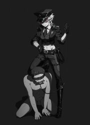 1boy 1girl absurdres belt blindfold boots chastity_cage earrings femdom gloves hair_ornament hairclip hand_on_own_hip hat highres holding holding_leash jacket jewelry leash military_uniform monochrome navel necktie ni3e2a1en1 original peaked_cap red_eyes whip