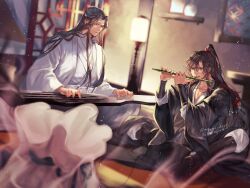 Rule 34 | 2boys, ahoge, bishounen, black boots, black hair, black hanfu, black robe, blurry, blurry background, boots, chinese clothes, closed mouth, curtains, depth of field, dizi, eyelashes, flute, guqin, hair between eyes, hair ribbon, hanfu, high ponytail, highres, holding, holding flute, holding instrument, implied yaoi, indian style, indoors, instrument, lan wangji, lantern, lattice, light particles, long hair, long sleeves, looking at another, looking at viewer, male focus, mg ms dayo, modao zushi, multiple boys, music, night, open mouth, playing flute, playing instrument, ponytail, purple eyes, red ribbon, ribbon, robe, sidelocks, sitting, smile, smoke, topknot, transverse flute, twitter username, very long hair, wei wuxian, white hanfu, white robe, wide sleeves, window, xiao guan (headdress), yellow eyes