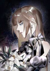 1girl earrings flower from_side hair_between_eyes highres hime_cut jewelry lily_(flower) lips long_hair looking_to_the_side original pas_te11 solo star_(symbol) star_earrings straight_hair upper_body very_long_hair
