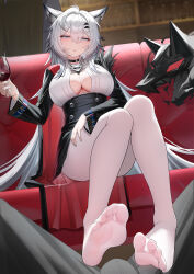 1boy 1girl absurdres alcohol animal_ear_fluff animal_ears arknights black_choker black_skirt blue_eyes blush breasts bulge buttons choker cleavage commentary_request couch cup double-breasted drinking_glass erection erection_under_clothes feet foot_focus foreshortening fur_trim grey_hair hair_between_eyes hair_ornament hairclip hetero high-waist_skirt highres holding holding_cup imminent_footjob indoors lahz52 lappland_(arknights) lappland_the_decadenza_(arknights) large_breasts long_hair long_sleeves looking_at_viewer no_bra no_shoes on_couch open_clothes open_shirt pantyhose parted_lips presenting_foot shirt sitting skirt soles solo spread_legs spread_toes toes underboob v-shaped_eyebrows very_long_hair white_pantyhose white_shirt wine wine_glass wolf_ears