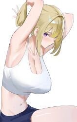 Rule 34 | 1girl, absurdres, alternate costume, blonde hair, bra, breasts, cleavage, collarbone, evelyn chevalier, hair up, highres, large breasts, looking at viewer, msry1999, navel, purple eyes, solo, sports bra, underwear, white bra, white sports bra, zenless zone zero