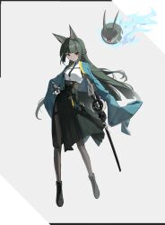 1girl absurdres animal_ear_fluff animal_ears black_footwear black_gloves black_hair black_pantyhose black_skirt blunt_bangs expressionless fingerless_gloves fox_ears fox_girl full_body gloves green_jacket grey_background highres holding holding_sword holding_weapon hoshimi_miyabi hxbdzj jacket long_hair looking_at_viewer pantyhose red_eyes sidelocks simple_background single_fingerless_glove skirt solo sword weapon zenless_zone_zero