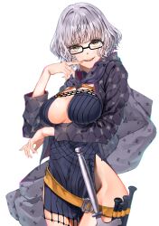 Rule 34 | 1girl, arm under breasts, black dress, breasts, center opening, cleavage, commentary, dress, fate/grand order, fate (series), finger to mouth, glasses, grey hair, highres, jacques de molay (foreigner) (fate), large breasts, light blush, long sleeves, looking at viewer, natadeko kokonatsu, seductive smile, short hair, simple background, smile, solo, white background, yellow eyes