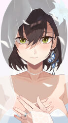 1girl alternate_costume azur_lane baltimore_(azur_lane) baltimore_(when_the_breeze_blows)_(azur_lane) bare_shoulders bead_choker beads black_hair blush bridal_veil closed_mouth collarbone dress earrings green_eyes hair_between_eyes highres jewelry looking_at_viewer official_alternate_costume pink_nails ring satuki_518 short_hair single_earring smile solo strapless strapless_dress veil wedding_dress wedding_ring