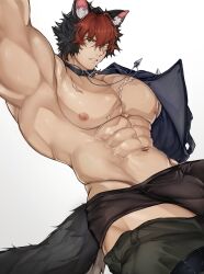 Rule 34 | 1boy, abs, absurdres, animal ears, bara, black jacket, black male underwear, bulge, collar, dog boy, dog ears, dog tail, green pants, highres, jacket, jewelry, komano manato, looking at viewer, male focus, male underwear, multicolored hair, muscular, muscular male, navel, necklace, nipples, pants, pectorals, scar, scar across eye, scar on chest, scar on face, tail, tutu82904404, underwear, white background, zenless zone zero