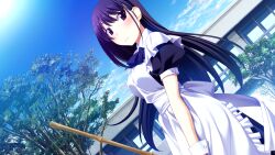1girl apron ascot back_bow black_dress black_hair blue_sky blush bow breasts broom building closed_mouth cloud cowboy_shot day dress dutch_angle frilled_apron frills from_side game_cg grisaia_(series) grisaia_no_meikyuu holding holding_broom long_hair looking_at_viewer looking_to_the_side maid medium_breasts non-web_source outdoors puffy_short_sleeves puffy_sleeves purple_ascot purple_eyes sakaki_yumiko short_sleeves sky solo standing sun tree variant_set watanabe_akio white_apron white_wrist_cuffs wrist_cuffs