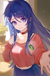 1girl bad_source blue_eyes blue_hair blue_skirt bow bow_choker choker facing_viewer floating_hair frills hair_ornament hairclip hand_on_own_chest head_tilt highres indoors jewelry kind_mita_(miside) long_hair long_sleeves looking_at_viewer miside mita_(miside) official_art open_hand open_mouth outstretched_hand plant pleated_skirt red_choker red_sweater ring shadow skirt smile solo standing sweater