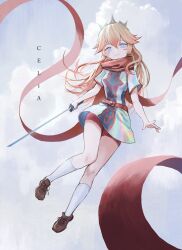 1girl arms_at_sides belt belt_buckle bike_shorts birthday black_crown blonde_hair blue_eyes borrowed_character breasts brown_shoes buckle character_name cloud commentary crown double-parted_bangs dress english_commentary english_text eyebrows_hidden_by_hair floating floating_scarf full_body gift_art hair_between_eyes hair_flaps hair_spread_out head_tilt highres holding holding_sword holding_weapon kneehighs knees_together_feet_apart leaning_to_the_side long_eyelashes long_hair long_scarf looking_at_viewer medium_breasts open_hand original print_dress rainbow_print red_belt red_scarf red_shorts reflective_clothes scarf shoes short_dress short_shorts short_sleeves shorts shorts_under_dress sidelocks sky smile socks solo straight-on sword thick_eyelashes thighs vertigris very_long_hair weapon white_socks
