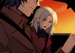 1boy 1girl black_hair black_shirt blue_hair brown_jacket car_interior chinese_commentary closed_mouth commentary_request curtained_hair enomoto_noa eyes_visible_through_hair grey_eyes highres jacket jiaowohuahua71539 long_sleeves medium_hair open_mouth red_sweater saibou_shinkyoku seatbelt shirt short_hair sweater utsugi_noriyuki