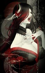 1girl absurdres au_ra bare_shoulders black_background black_collar black_hair black_kimono breasts bug butterfly butterfly_on_hand cleavage collar commentary commission dragon_horns fangs final_fantasy final_fantasy_xiv fingernails flower from_side full_moon green_eyes hair_flower hair_ornament hair_over_one_eye hand_on_own_chest highres horns insect japanese_clothes kimono lace_collar large_breasts long_hair looking_at_viewer moon multicolored_hair obi obijime off_shoulder one_eye_covered open_mouth red_butterfly red_flower red_hair red_lips red_moon red_nails red_trim sash satsuki_kei scales sharp_fingernails skeb_commission smoke snake solo spider_lily symbol-only_commentary two-tone_hair upper_body warrior_of_light_(ff14)