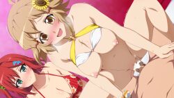 1boy 1girl bed bikini blush breasts completely_nude cum cum_in_pussy dolphin_wave flower green_eyes hair_flower hair_ornament happy_sex hetero long_hair nude on_bed open_mouth red_bikini red_hair sakimiya_iruka senki_zesshou_symphogear swimsuit tachibana_hibiki_(symphogear) vaginal yamiochi_umekichi
